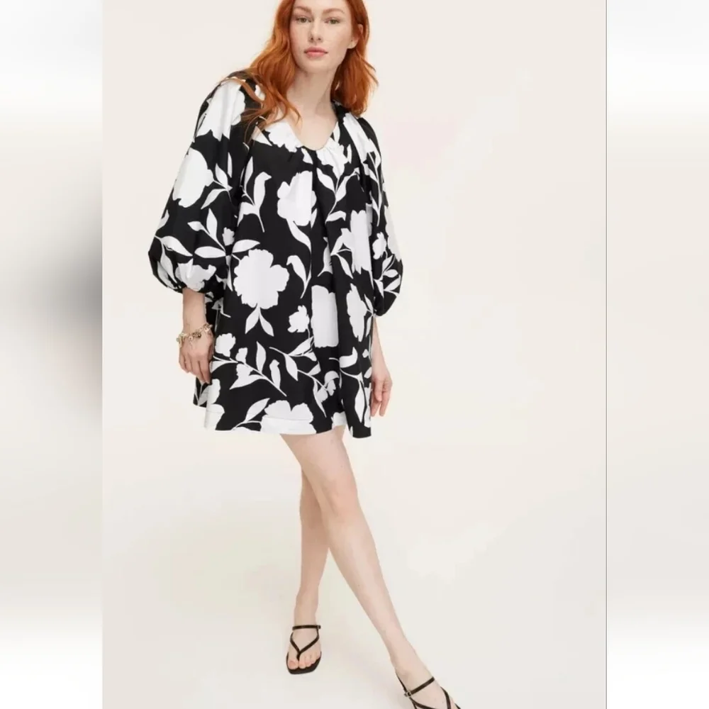 Kate Spade Black and White Floral Long Sleeves V Neck Mini  Dress XS
